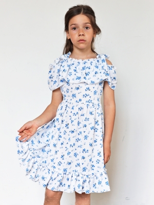 Платье для девочки вискоза БУШОН ST65, цвет белый/голубой цветы