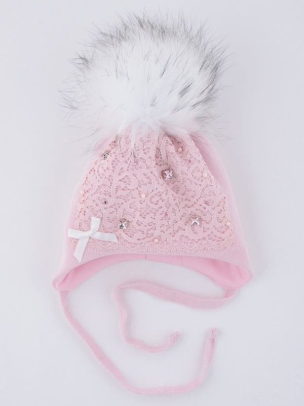 Шапка для девочки Крем-брюле, Миалт бледно-розовый, зима - Шапки с меховым помпоном