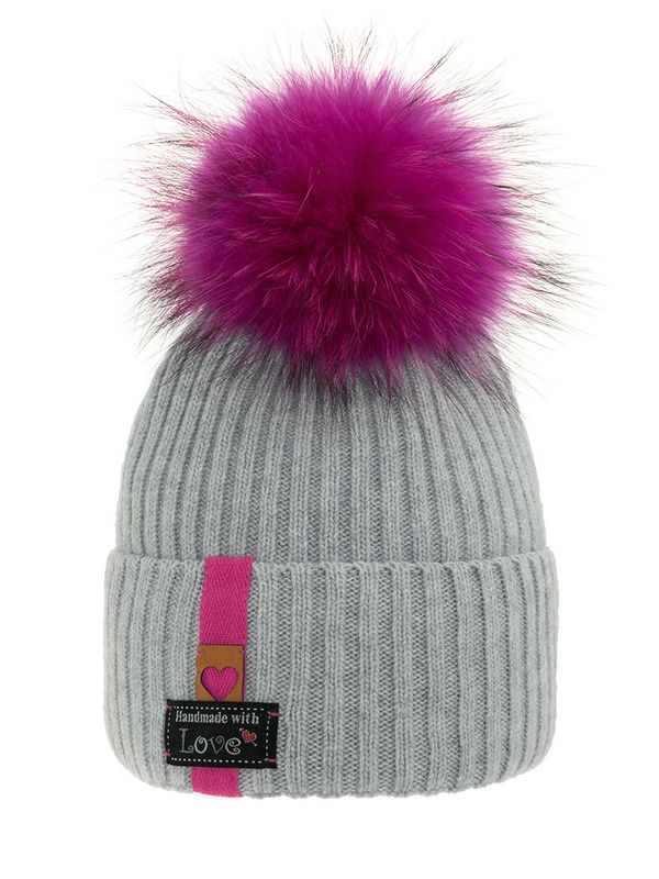 Шапка для девочки Бренд, Миалт светло-серый - Шапки с меховым помпоном