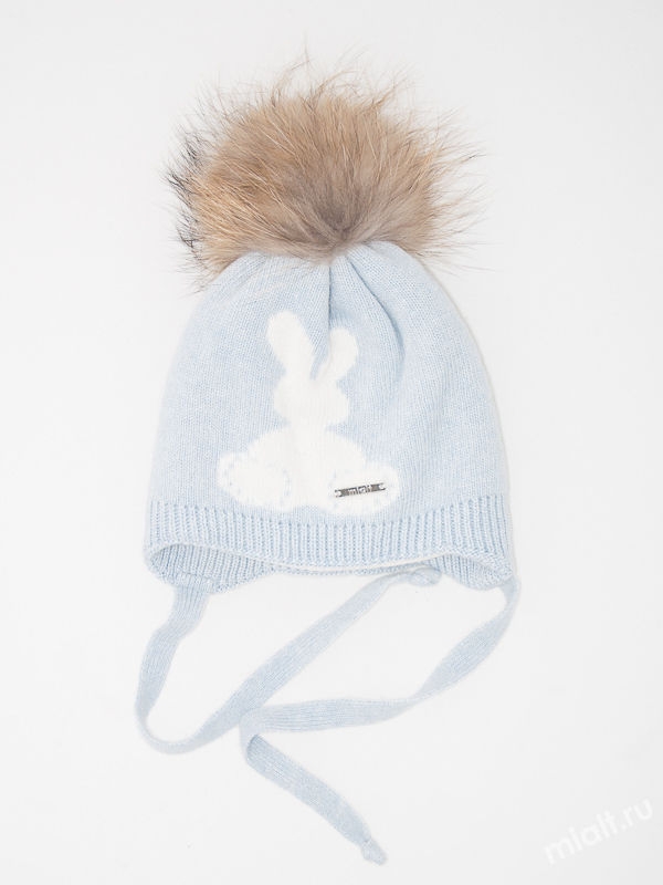 Шапка для мальчика Ушастик-boy, Миалт бледно-голубой/белый - С меховым помпоном