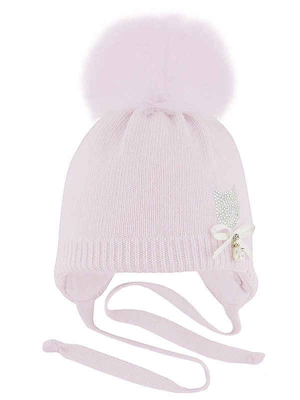 Шапка для девочки Котенька, Миалт бледно-розовый - Шапки с меховым помпоном
