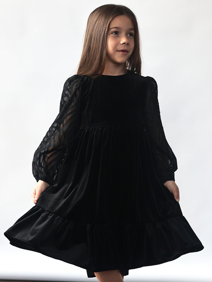 Платье велюровое нарядное БУШОН ST63, цвет черный рукав - Платья коктельные / вечерние