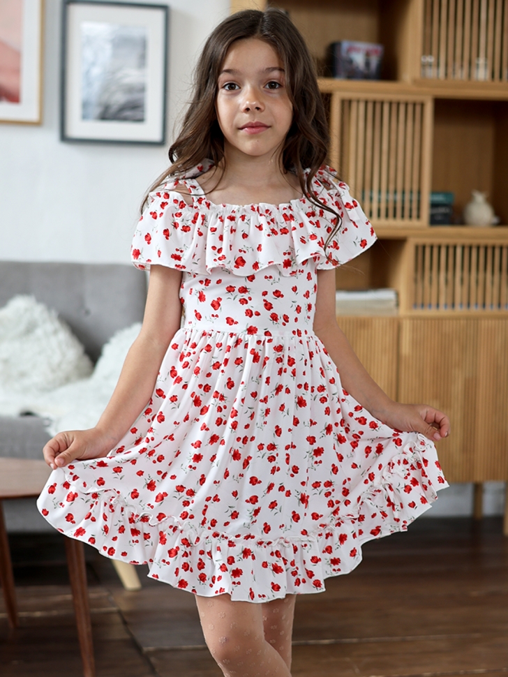 Платье для девочки вискоза БУШОН ST65, цвет белый/красный маки - Платья коктельные / вечерние