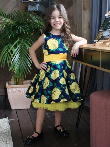 Платье для девочки нарядное БУШОН ST30, стиляги цвет зеленый/желтый, принт цветы - Платья СТИЛЯГИ