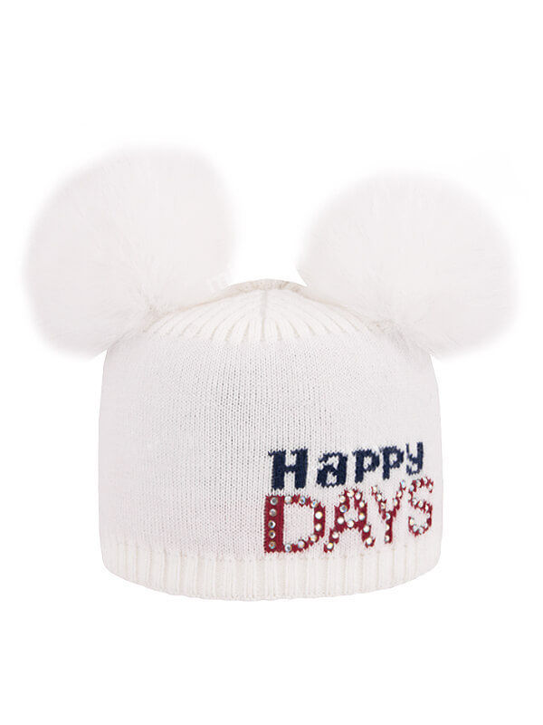 Шапка для девочки Happy days, Миалт ,белый - Шапки с меховым помпоном