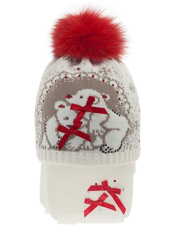 Комплект для девочки Плюшевые мишки, Миалт белый/св.коричневый, зима - Комплекты: шапка и шарф