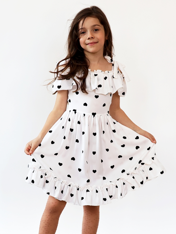 Платье для девочки вискоза БУШОН ST65, цвет белый/черный сердце - Платья коктельные / вечерние