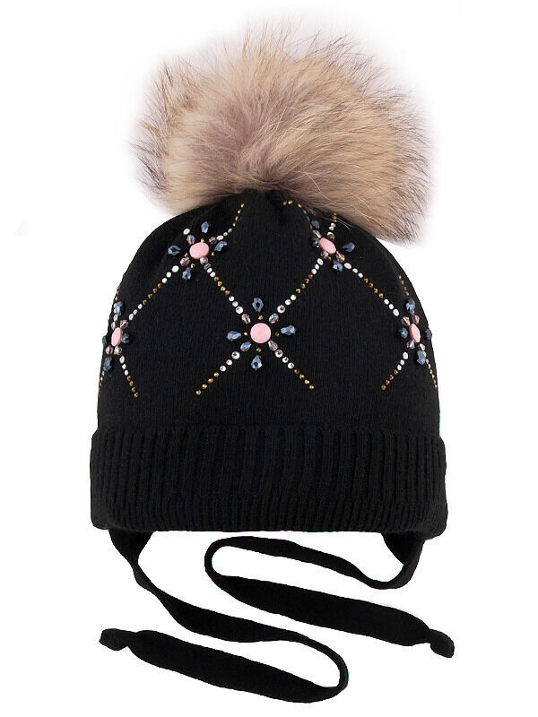 Шапка для девочки Сапфир, Миалт черный, зима - Шапки с меховым помпоном