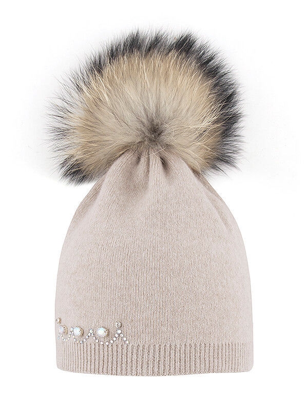 Шапка для девочки Пралине, Миалт светло-бежевый, зима - Шапки с меховым помпоном