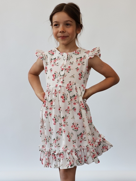 Платье для девочки вискоза БУШОН ST66, цвет молочный/розовый цветы - Платья коктельные / вечерние