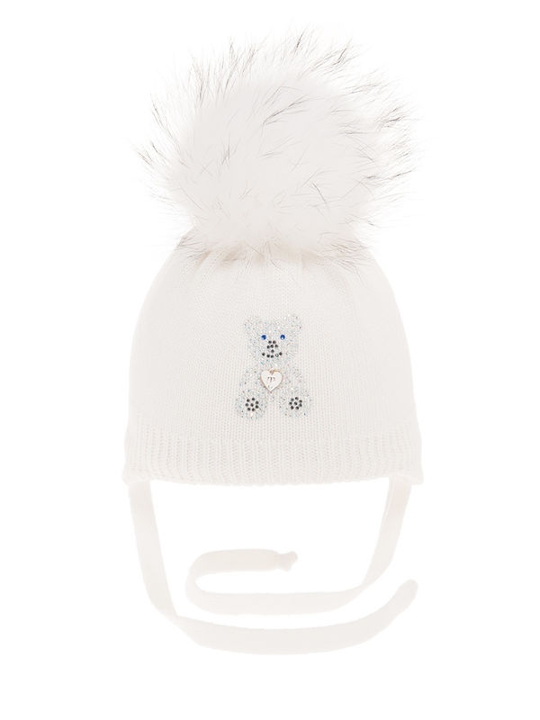 Шапка для девочки Настенька, Миалт белый, зима - Шапки с меховым помпоном