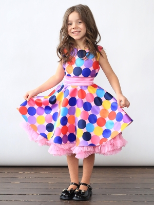 Платье для девочки нарядное БУШОН ST20, стиляги цвет мультиколор, светло-розовый пояс, принт горох