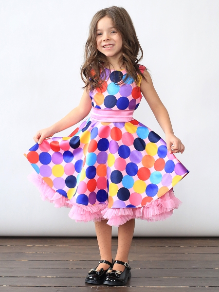 Платье для девочки нарядное БУШОН ST20, стиляги цвет мультиколор, светло-розовый пояс, принт горох - Платья СТИЛЯГИ