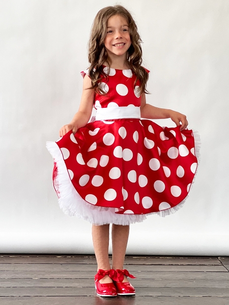 Платье для девочки нарядное БУШОН ST20, стиляги цвет красный, белый пояс, принт белый горох - Платья СТИЛЯГИ