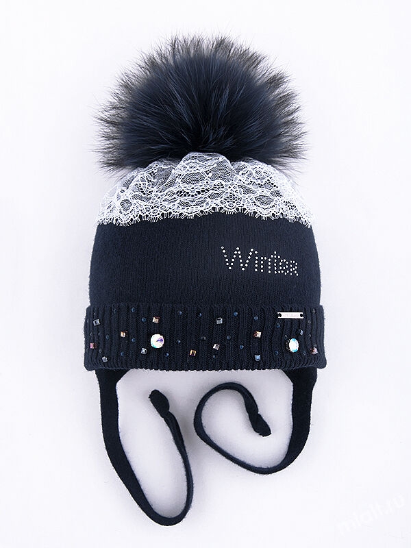 Шапка для девочки Юки, Миалт темно-синий, зима - Шапки с меховым помпоном