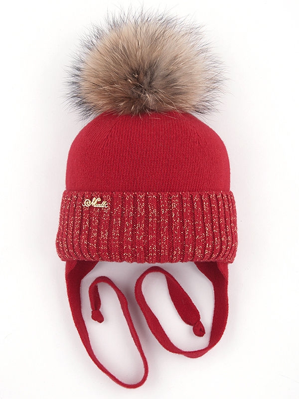 Шапка для девочки Сафира, Миалт красный/золото, зима - Шапки с меховым помпоном