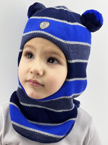 Шапка-шлем для мальчика, зима скб джинс+т.синий+василек помпон - Шлемы осень-зима