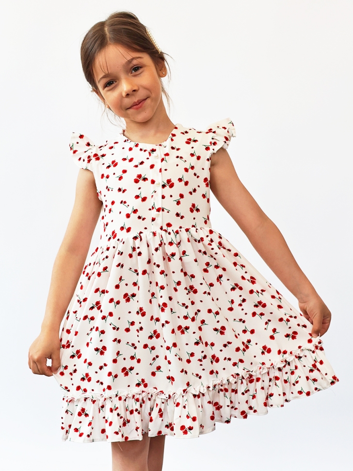Платье для девочки вискоза БУШОН ST66, цвет белый/красный цветы - Платья коктельные / вечерние