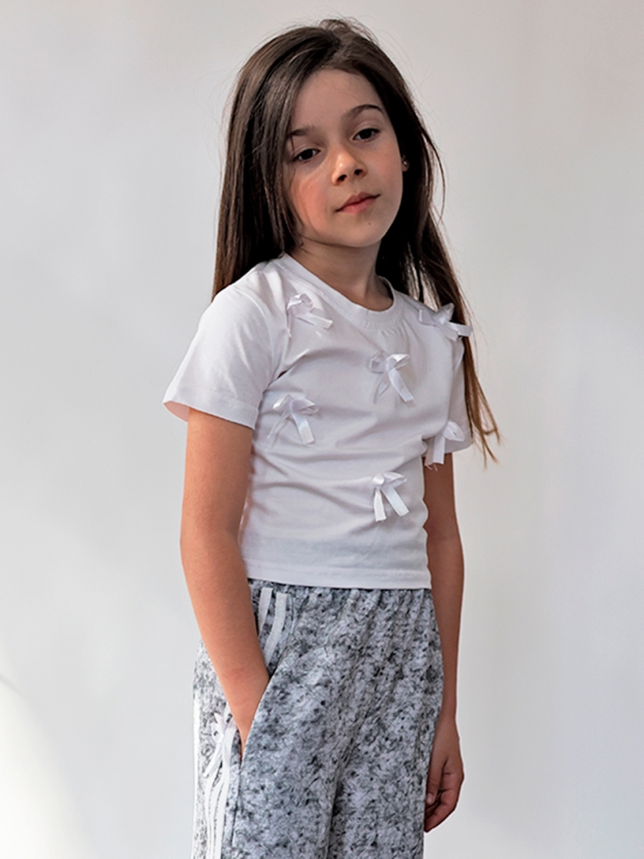 Комплект футболка и брюки для девочек БУШОН ST110, цвет серый/белый - Брюки палаццо