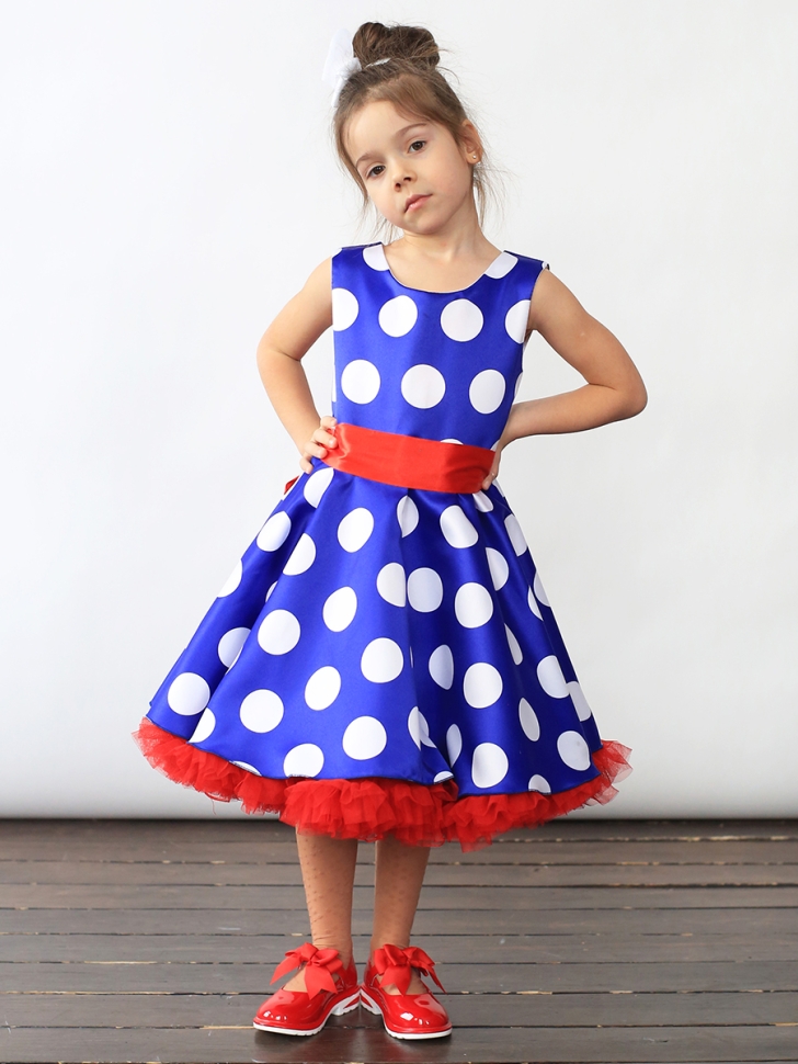 Платье для девочки нарядное БУШОН ST20, стиляги цвет василек, красный пояс, принт белый горох - Платья СТИЛЯГИ