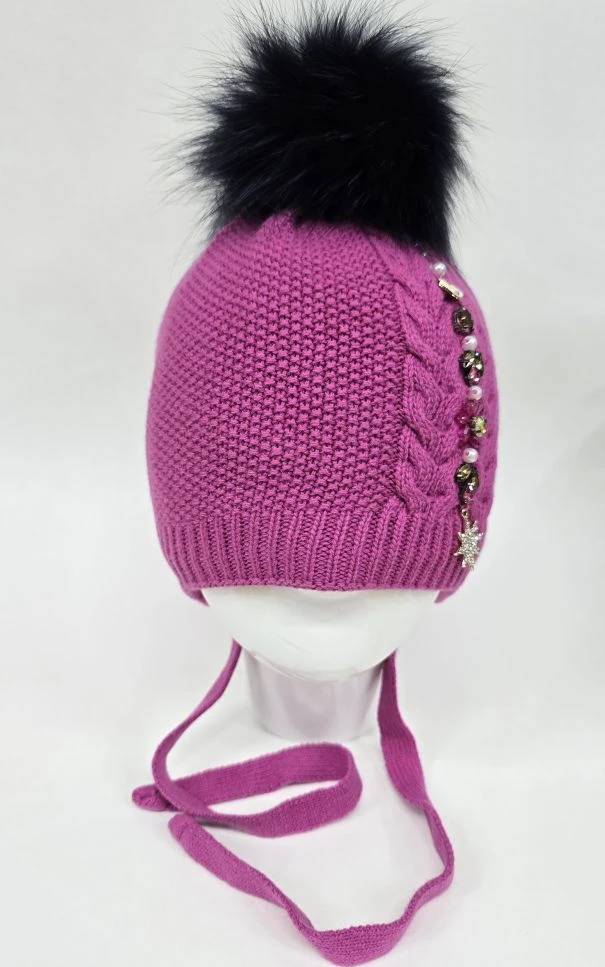 Шапка для девочки Капелька, Миалт фуксия, зима  - Шапки с меховым помпоном