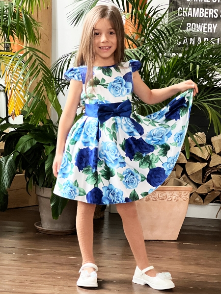 Платье для девочки нарядное БУШОН ST35, стиляги, цвет голубой/синий/белый цветы - Платья СТИЛЯГИ