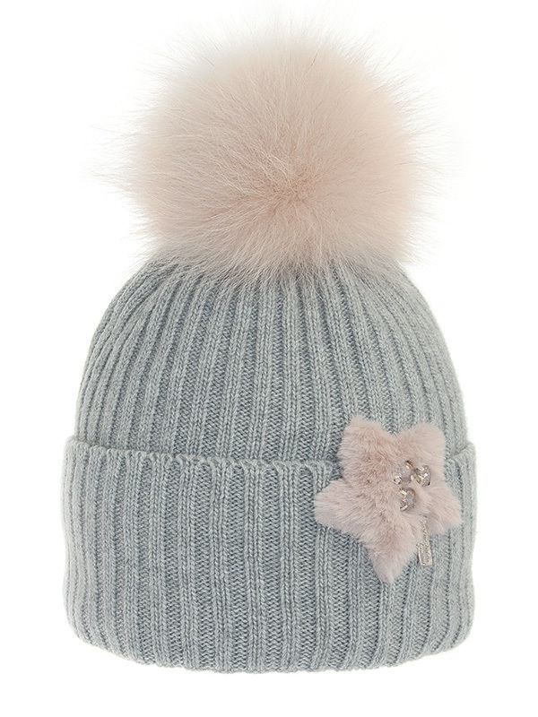 Шапка для девочки Фиби, Миалт светло-серый - Шапки с меховым помпоном