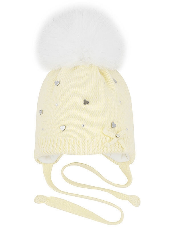 Шапка для девочки Любонька, Миалт бледно-желтый - Шапки с меховым помпоном