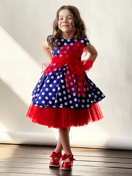 Платье для девочки праздничное БУШОН ST70, цвет синий/красный принт горох - Платья праздничные / нарядные