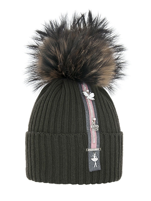 Шапка для девочки Кленовый сироп, Миалт темно-хаки - Шапки с меховым помпоном