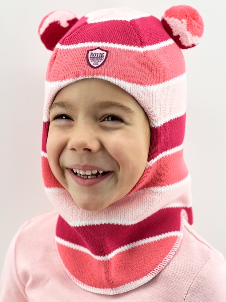 Шапка-шлем зима, скб св.розовый+малина+коралл помпон - Шапки-шлемы зима-осень
