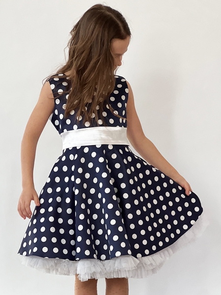 Платье для девочки нарядное БУШОН ST10, стиляги цвет темно-синий, белый пояс, принт белый горошек - Платья СТИЛЯГИ