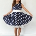 Платье для девочки нарядное БУШОН ST10, стиляги цвет темно-синий, белый пояс, принт белый горошек