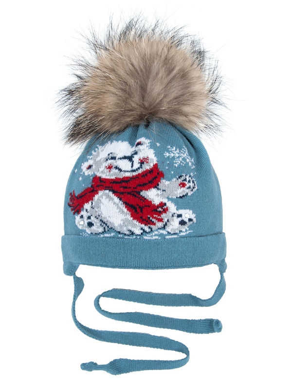 Шапка для мальчика Тимоша, Миалт голубой, зима - С меховым помпоном