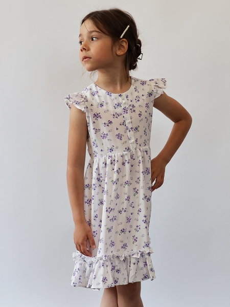 Платье для девочки вискоза БУШОН ST66, цвет белый/сиреневый цветы - Платья коктельные / вечерние