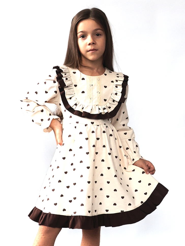 Платье для девочки нарядное БУШОН ST592, цвет светло-бежевый/коричневый сердечки - Платья коктельные / вечерние