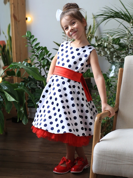 Платье для девочки нарядное БУШОН ST10, стиляги цвет белый, красный пояс, принт синий горошек - Платья СТИЛЯГИ