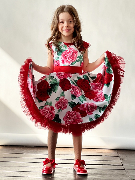 Платье для девочки нарядное БУШОН ST30, стиляги цвет белый/красный пояс красный, принт цветы - Платья СТИЛЯГИ