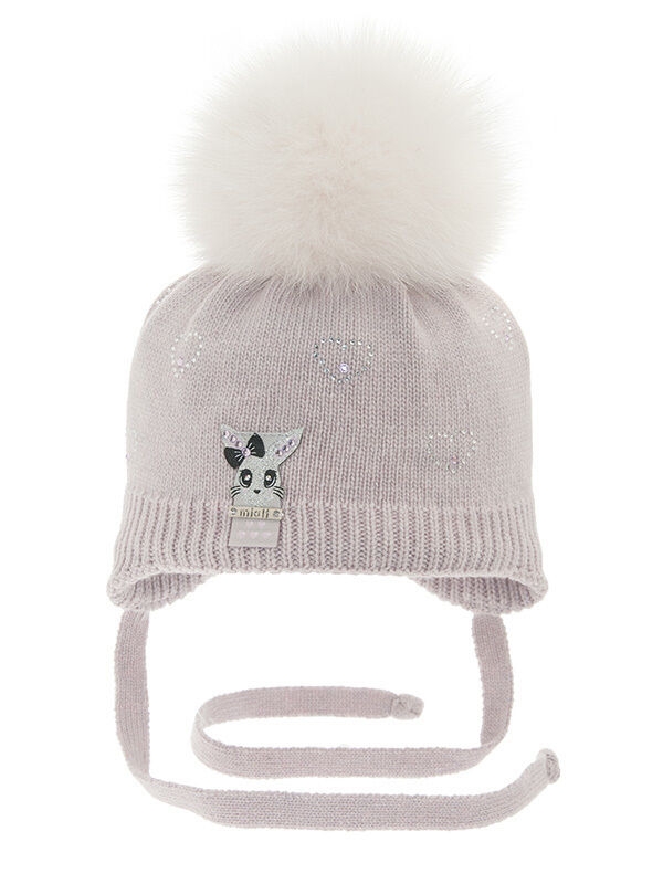Шапка для девочки Буся, Миалт пудровый, зима - Шапки с меховым помпоном