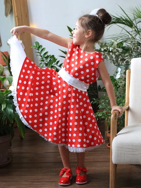 Платье для девочки нарядное БУШОН ST10, стиляги цвет красный, белый пояс, принт белый горошек - Платья СТИЛЯГИ