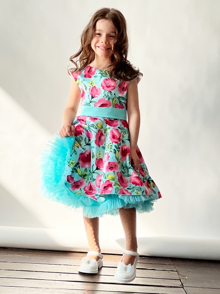 Платье для девочки нарядное БУШОН ST30, стиляги цвет бирюза/розовый пояс бирюза, принт цветы - Платья СТИЛЯГИ