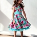 Платье для девочки нарядное БУШОН ST30, стиляги цвет бирюза/розовый пояс бирюза, принт цветы