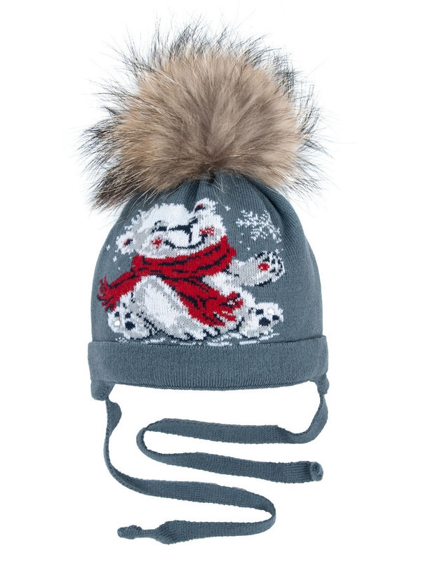 Шапка для мальчика Тимоша, Миалт стальной, зима - С меховым помпоном