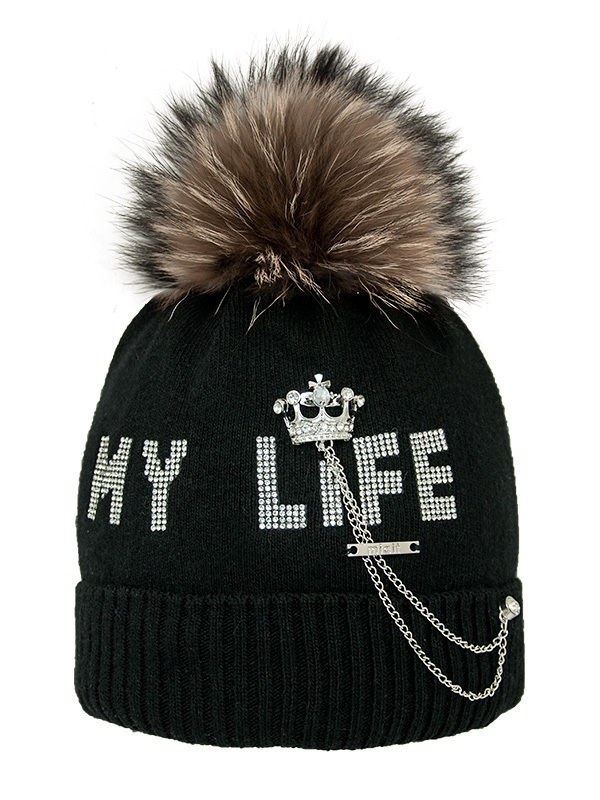 Шапка для девочки My Life, Миалт черный, зима - Шапки с меховым помпоном