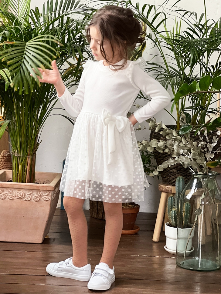 Платье для девочки нарядное БУШОН ST50, цвет белый, бант, горошек/однотонный - Платья коктельные / вечерние