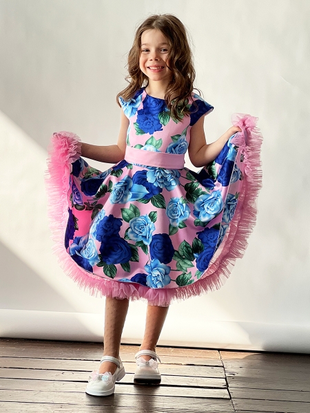 Платье для девочки нарядное БУШОН ST30, стиляги цвет розовый/голубой пояс розовый, принт цветы - Платья СТИЛЯГИ