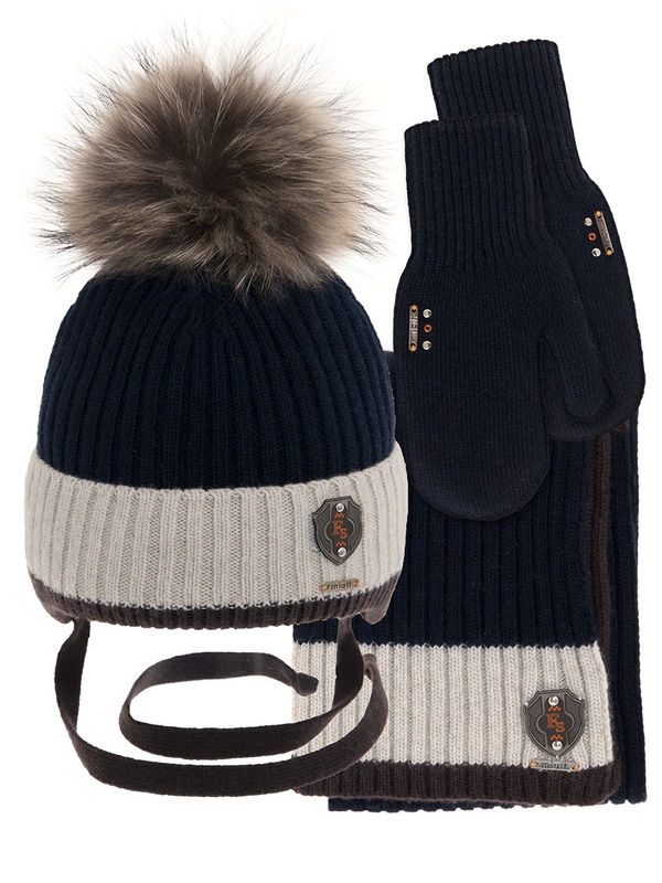 Комплект для мальчика Снайпер комплект, Миалт темно-синий/светло-бежевый, зима - Комплекты: шапка и шарф