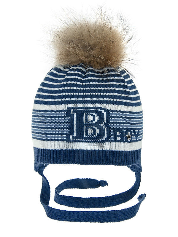 Шапка для мальчика B-boy, Миалт голубой/белый - С меховым помпоном