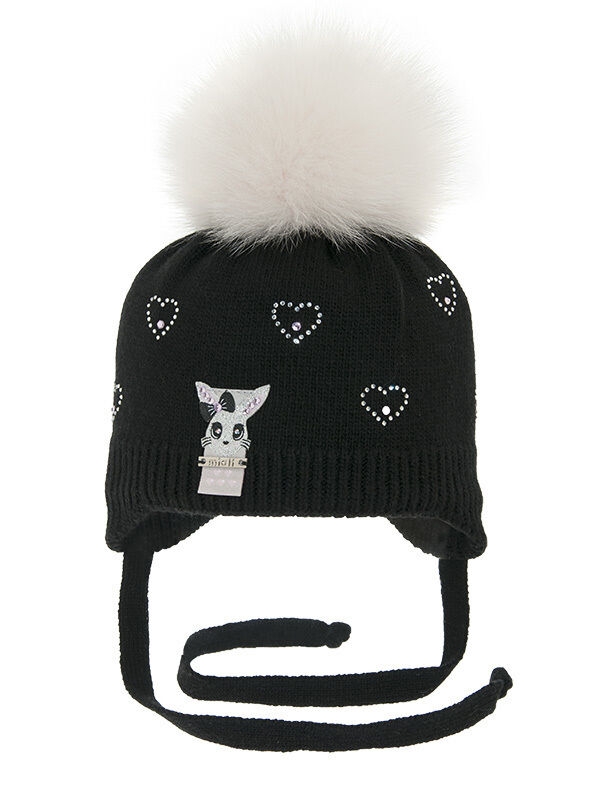 Шапка для девочки Буся, Миалт черный, зима - Шапки с меховым помпоном