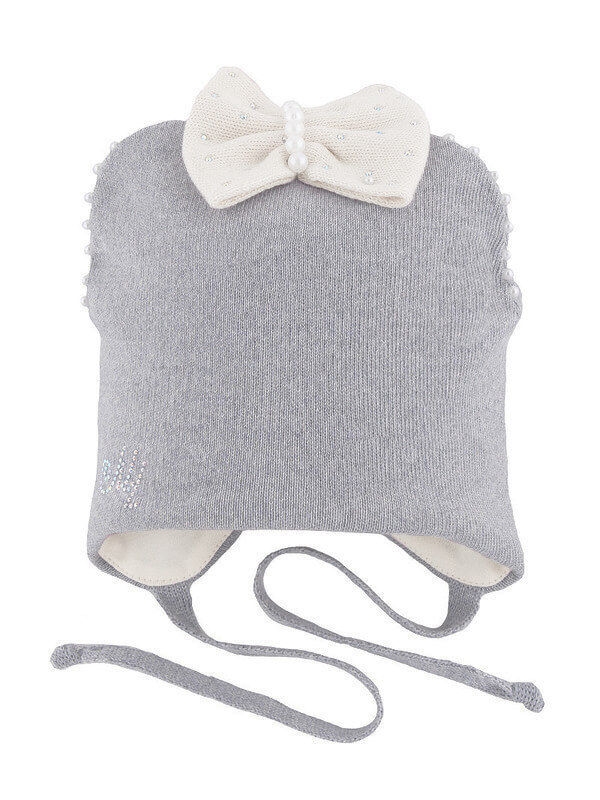 Шапка для девочки Маланья, Миалт светло-серый/белый, весна-осень - Шапочки на завязках
